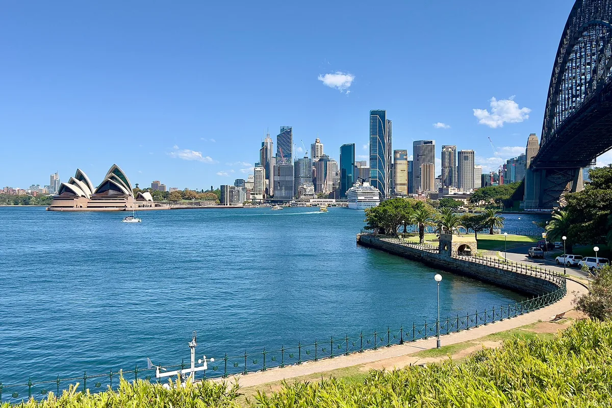 Sydney skyline and Harbour Bridge seen across the water