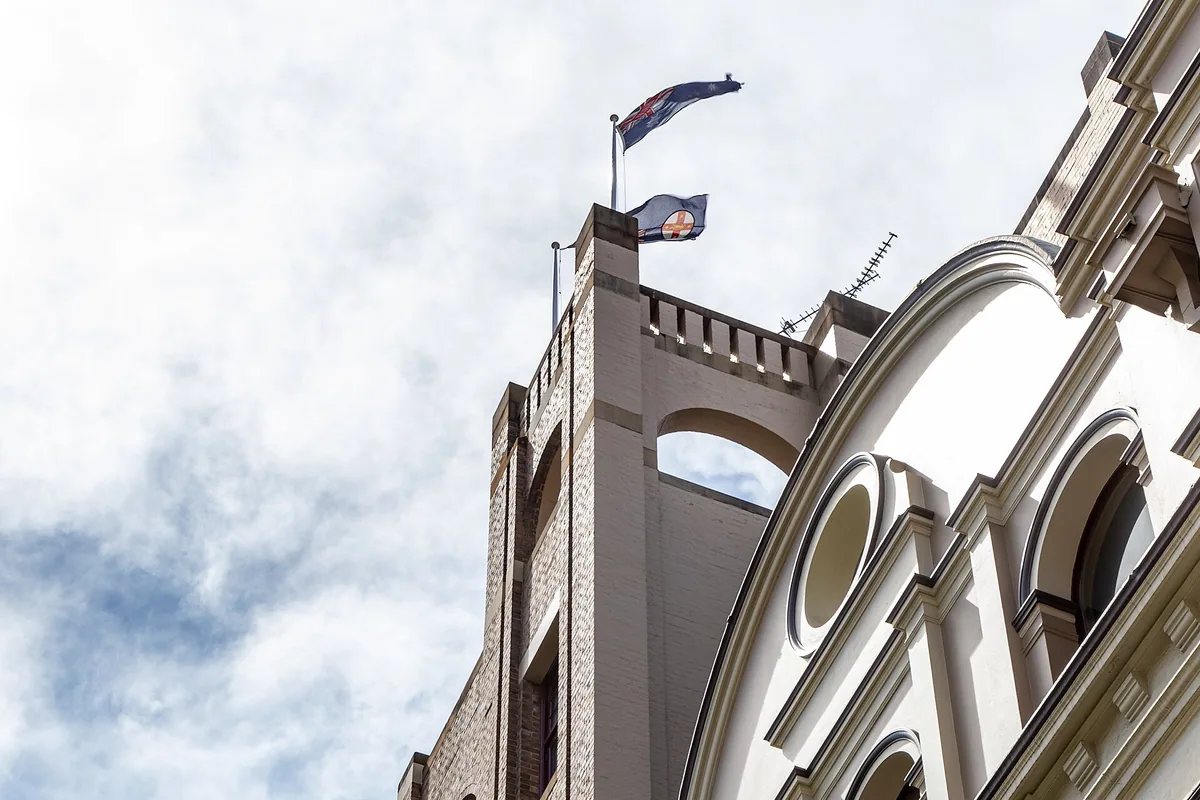 Historic sandstone buildings along George Street in The Rocks