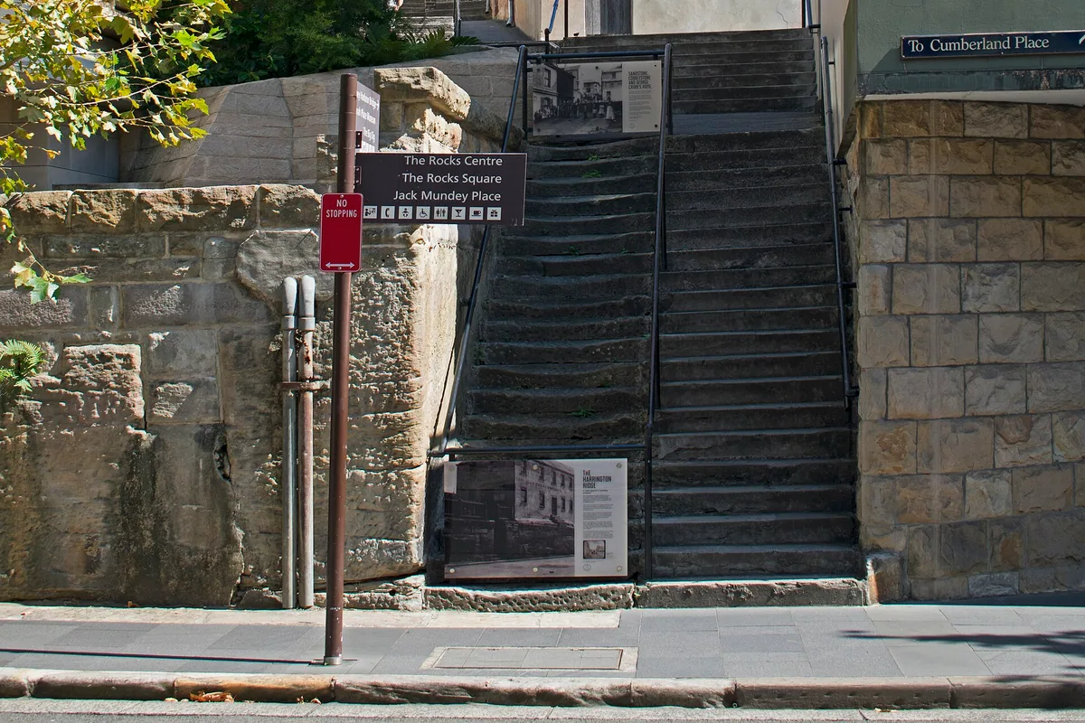 Stone staircase between historic buildings in The Rocks Sydney